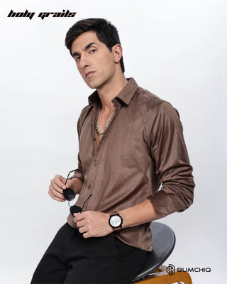 Guy Sitting on Chair holding Shades in Streetwear 'Pleat Creased' Brown Polyester Full Sleeve Slim Fit Shirt HG x Bumchiq - Front Side