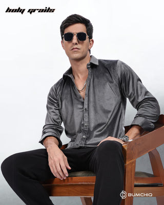 Guy Sitting on Chair in Streetwear 'Pleat Creased' Grey Solid Polyester Full Sleeve Slim Fit Shirt HG x Bumchiq - Front