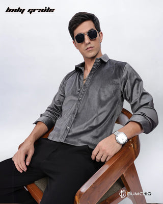 Guy Sitting on Chair in Streetwear 'Pleat Creased' Grey Solid Polyester Full Sleeve Slim Fit Shirt HG x Bumchiq - Front Side