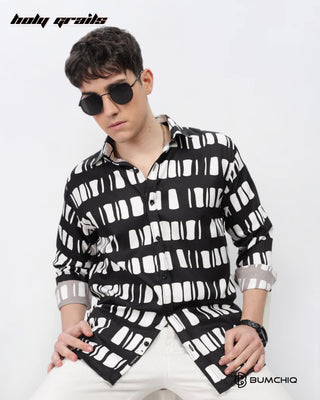 Guy Sitting on Chair in Streetwear 'White Box Abstract' Black Imported Fabric Full Sleeve Slim Fit Shirt HG x Bumchiq - Front