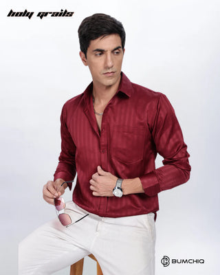 Guy Sitting on Stool in Streetwear 'Cherry Red Stripes' Solid Polycotton Full Sleeve Slim Fit Shirt HG x Bumchiq - Front