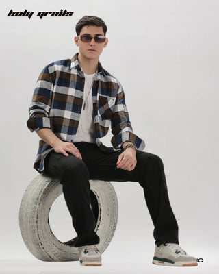 Guy Sitting on Tire in Streetwear 'Blue-Brown Flannel' 100% Cotton Checkered Full Sleeve Overshirt HG x Bumchiq - Front