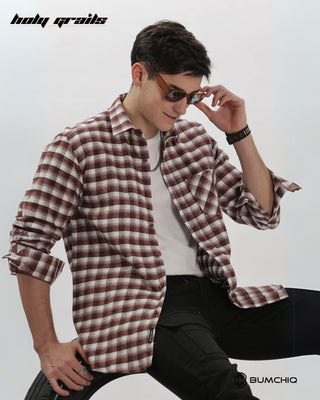 Guy Sitting on Tire in Streetwear 'Mini Maroon Flannel' Checkered Full Sleeve 100% Cotton Overshirt HG x Bumchiq - Front