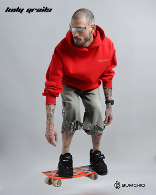 Guy Skateboarding in Streetwear 'Tiger Roar' Red 350-370 GSM 100% Cotton Puff Print Oversize Hoodie HG x Bumchiq - Front