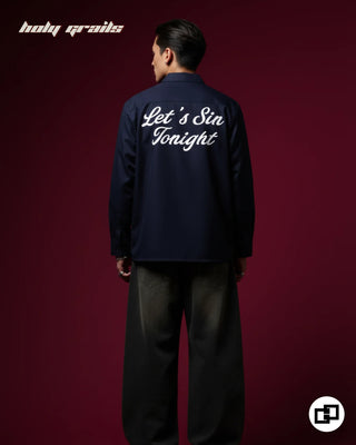 Guy Standing in Street Style 'Let's Sin Tonight' Navy Blue Banana Crepe Wrinkle Resistance Fabric Full Sleeve Shirt HG x Grey Hound Original - Back Full