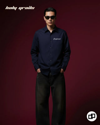 Guy Standing in Street Style 'Let's Sin Tonight' Navy Blue Banana Crepe Wrinkle Resistance Fabric Full Sleeve Shirt HG x Grey Hound Original - Front Full