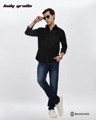 Guy Standing in Streetwear Style 'Black Twill' Pattern Cotton Double Pocket Full Sleeve Solid Shirt HG x Bumchiq - Front Full