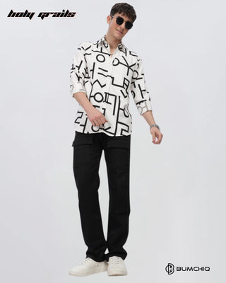 Guy Standing in Streetwear 'Black Abstract' White Imported Fabric Slim Fit Full Sleeve Shirt HG x Bumchiq - Front Full