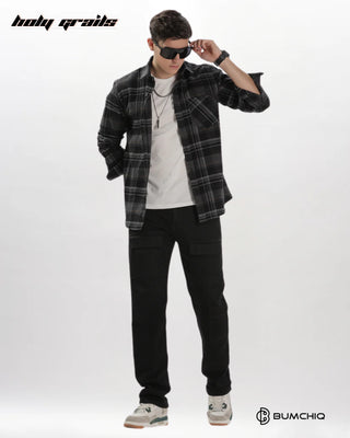 Guy Standing in Streetwear 'Black Flannel' Full Sleeve 100% Cotton Checkered Overshirt HG x Bumchiq - Front Full