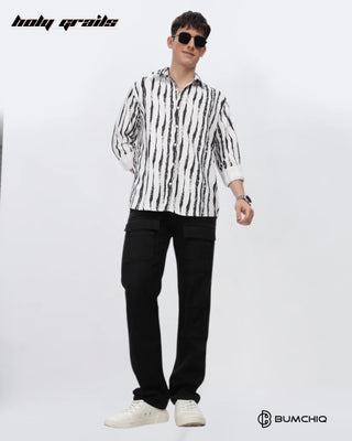 Guy Standing in Streetwear 'Black Line Abstract' 80% Cotton 20% Polyester Full Sleeve Skin Fit Shirt HG x Bumchiq - Front Full