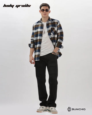 Guy Standing in Streetwear 'Blue-Brown Flannel' 100% Cotton Checkered Full Sleeve Overshirt HG x Bumchiq - Front Full