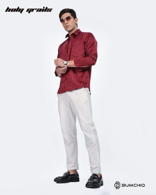 Guy Standing in Streetwear 'Cherry Red Stripes' Solid Polycotton Full Sleeve Slim Fit Shirt HG x Bumchiq - Front Full