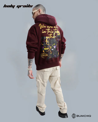 Guy Standing in Streetwear 'Diversity' Maroon Red 350-370 GSM 100% Cotton DTF Print Oversize Hoodie HG x Bumchiq - Back Full