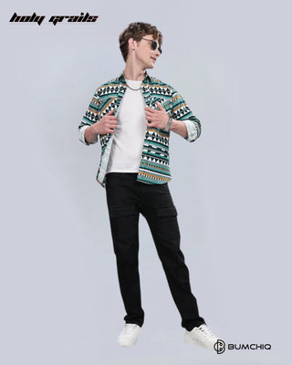 Guy Standing in Streetwear 'Green Aztec' Full Sleeve 70% Cotton 30% Polyester Overshirt HG x Bumchiq - Front Full