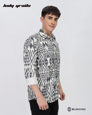 Guy Standing in Streetwear 'Greyish Geometrical' Beige Polycotton Full Sleeve Slim Fit Shirt HG x Bumchiq - Front Side 1