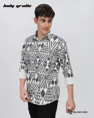 Guy Standing in Streetwear 'Greyish Geometrical' Beige Polycotton Full Sleeve Slim Fit Shirt HG x Bumchiq - Front Side 2