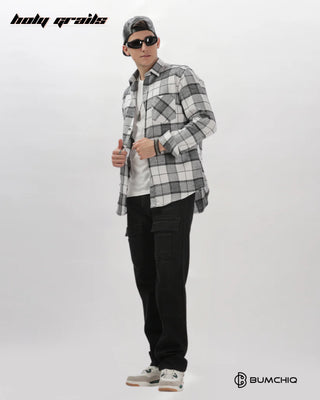 Guy Standing in Streetwear 'Light Grey Flannel' Checkered Full Sleeve 100% Cotton Overshirt HG x Bumchiq - Front Full