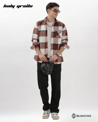 Guy Standing in Streetwear 'Maroon Flannel' Full Sleeve Chekered 100% Cotton Overshirt HG x Bumchiq - Front Full