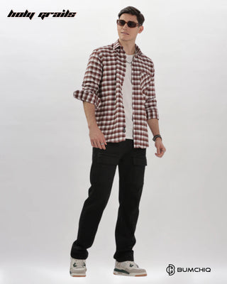 Guy Standing in Streetwear 'Mini Maroon Flannel' Checkered Full Sleeve 100% Cotton Overshirt HG x Bumchiq - Front Full