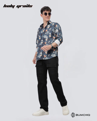 Guy Standing in Streetwear 'Multi Abstract' Blue Polycotton Full Sleeve Slim Fit Shirt HG x Bumchiq - Front Full