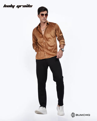 Guy Standing in Streetwear 'Pleat Creased' Beige Solid Polyester Full Sleeve Slim FIt Shirt HG x Bumchiq - Front Full