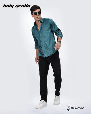 Guy Standing in Streetwear 'Pleat Creased' Teal Solid Polyester Full Sleeve Slim Fit Shirt HG x Bumchiq - Front Full