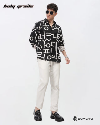 Guy Standing in Streetwear 'White Abstract' Black Imported Fabric Slim Fit Full Sleeve Shirt HG x Bumchiq - Front Full 