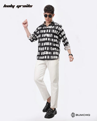 Guy Standing in Streetwear 'White Box Abstract' Black Imported Fabric Full Sleeve Slim Fit Shirt HG x Bumchiq - Front Full