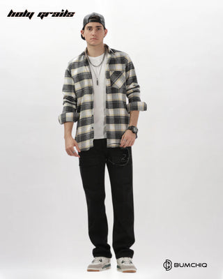 Guy Standing in Streetwear 'Yellow-Grey Flannel' 100% Cotton Checkered Full Sleeve Overshirt HG x Bumchiq - Front Full