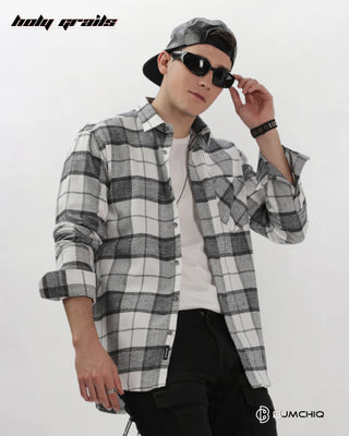 Guy Standing with Chair in Streetwear 'Light Grey Flannel' Checkered Full Sleeve 100% Cotton Overshirt HG x Bumchiq - Front 1