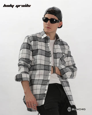 Guy Standing with Chair in Streetwear 'Light Grey Flannel' Checkered Full Sleeve 100% Cotton Overshirt HG x Bumchiq - Front 2