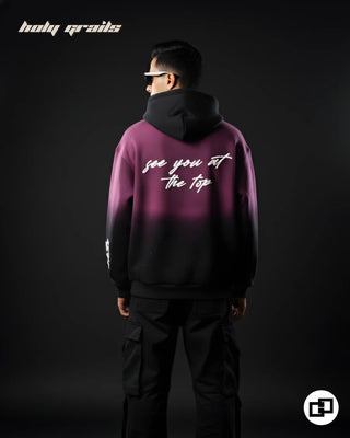 Guy in Street Style 'See You At Top' Pink To Black Ombre 400 GSM 100% Cotton Screen & Puff Printed Hand Spray Painted Oversize Hoodie  HG x Grey Hound Original - Back Full
