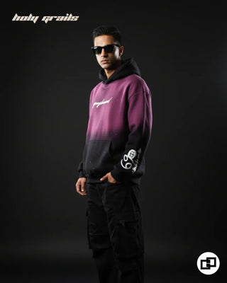 Guy in Street Style 'See You At Top' Pink To Black Ombre 400 GSM 100% Cotton Screen & Puff Printed Hand Spray Painted Oversize Hoodie  HG x Grey Hound Original - Side Full