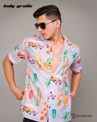 Guy in Streetwear Style 'Beach Essentials Paradise' White Cotton Shirt - Front Close Up