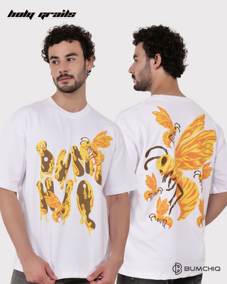 Guy in Streetwear Style 'Bee' White 240 GSM French Terry Cotton T-Shirt - Front & Back