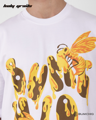 Guy in Streetwear Style 'Bee' White 240 GSM French Terry Cotton T-Shirt - Front Close Up