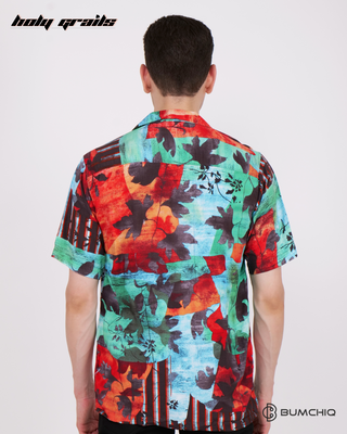 Guy in Streetwear Style 'Black Floral' Green Oversized Rayon Shirt - Back