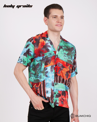 Guy in Streetwear Style 'Black Floral' Green Oversized Rayon Shirt - Front