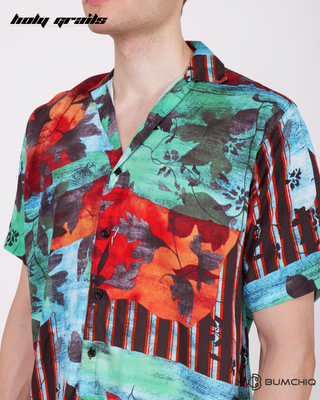 Guy in Streetwear Style 'Black Floral' Green Oversized Rayon Shirt - Front Close Up