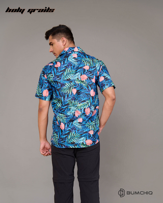 Guy in Streetwear Style 'Blue Oasis Leafy' Cotton Shirt - Back