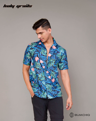 Guy in Streetwear Style 'Blue Oasis Leafy' Cotton Shirt - Front hand in pocket