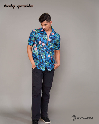 Guy in Streetwear Style 'Blue Oasis Leafy' Cotton Shirt - Front hands in pocket