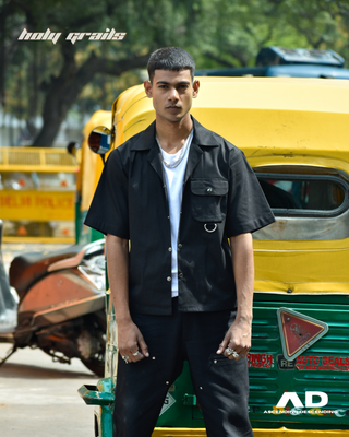 Guy in Streetwear Style 'Challa' Black Oversized Polyester Shirt - Front
