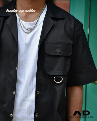 Guy in Streetwear Style 'Challa' Black Oversized Polyester Shirt - Front Close Up