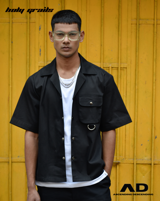 Guy in Streetwear Style 'Challa' Black Oversized Polyester Shirt - Front with Glasses
