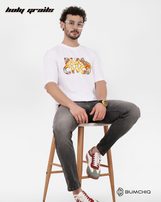 Guy in Streetwear Style 'Chameleon' White 240 GSM French Terry Cotton T-Shirt - Front Sitting on Chair