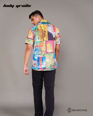 Guy in Streetwear Style 'CityScape Splash' Multi-Color Cotton Shirt - Back