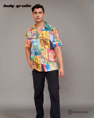 Guy in Streetwear Style 'CityScape Splash' Multi-Color Cotton Shirt - Front