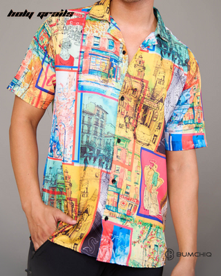 Guy in Streetwear Style 'CityScape Splash' Multi-Color Cotton Shirt - Front Hand in Pocket