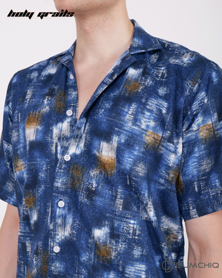 Guy in Streetwear Style 'Einstein Blurred Blue' Poplin Shirt - Front Close Up
